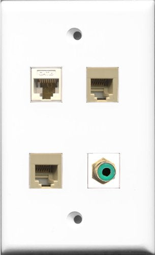 RiteAV 1 Port RCA Green 2 Port Phone RJ11 RJ12 Beige and 1 Port Cat6 Ethernet White Wall Plate