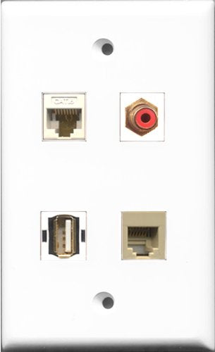 RiteAV 1 Port RCA Red and 1 Port USB A-A and 1 Port Phone RJ11 RJ12 Beige and 1 Port Cat6 Ethernet White Wall Plate