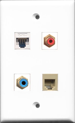 RiteAV 1 Port RCA Red and 1 Port RCA Blue and 1 Port Phone RJ11 RJ12 Beige and 1 Port Cat5e Ethernet White Wall Plate