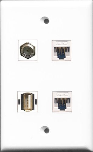 RiteAV 1 Port Coax Cable TV- F-Type and 1 Port USB A-A 2 Port Cat5e Ethernet White Wall Plate
