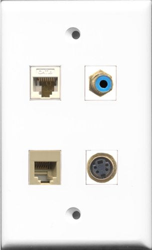 RiteAV 1 Port RCA Blue and 1 Port Phone RJ11 RJ12 Beige and 1 Port S-Video and 1 Port Cat6 Ethernet White Wall Plate