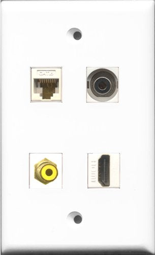 RiteAV 1 Port HDMI and 1 Port RCA Yellow and 1 Port 3.5mm and 1 Port Cat6 Ethernet White Wall Plate