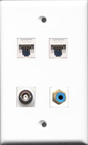 RiteAV - 1 Port RCA Blue and 1 Port BNC 2 Port Cat5e Ethernet White Wall Plate