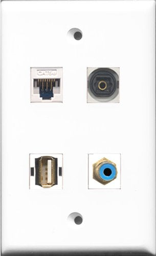 RiteAV 1 Port RCA Blue and 1 Port USB A-A and 1 Port Toslink and 1 Port Cat5e Ethernet White Wall Plate