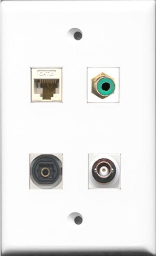 RiteAV 1 Port RCA Green and 1 Port Toslink and 1 Port BNC and 1 Port Cat6 Ethernet White Wall Plate