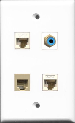 RiteAV 1 Port RCA Blue and 1 Port Phone RJ11 RJ12 Beige 2 Port Cat6 Ethernet White Wall Plate