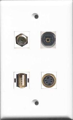 RiteAV 1 Port Coax Cable TV- F-Type and 1 Port USB A-A and 1 Port S-Video and 1 Port Toslink Wall Plate