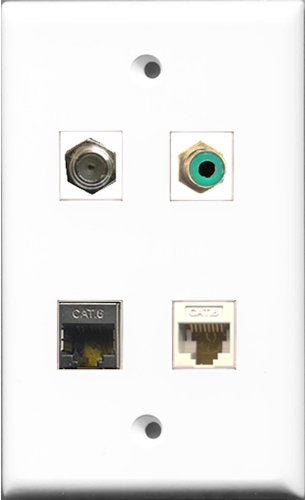 RiteAV 1 Port RCA Green and 1 Port Coax Cable TV- F-Type and 1 Port Shielded Cat6 Ethernet and 1 Port Cat6 Ethernet White Wall Plate