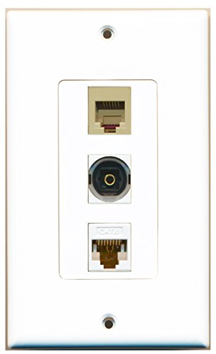 RiteAV - 1 Port Phone RJ11 RJ12 Beige and 1 Port Toslink and 1 Port Cat6 Ethernet White Decorative Wall Plate Decorative