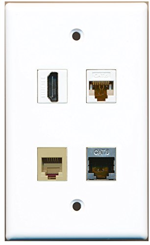 RiteAV - 1 Port HDMI 1 Port Phone RJ11 RJ12 Beige 1 Port Shielded Cat6 Ethernet 1 Port Cat6 Ethernet White Wall Plate