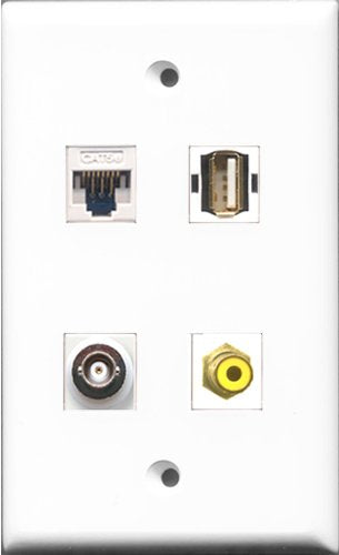 RiteAV 1 Port RCA Yellow and 1 Port USB A-A and 1 Port BNC and 1 Port Cat5e Ethernet White Wall Plate