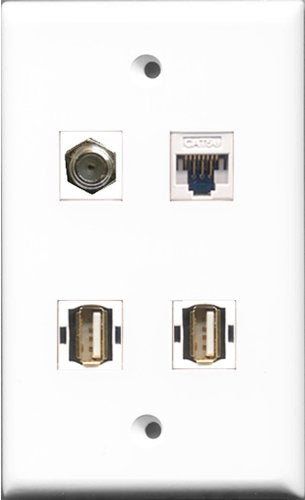 RiteAV 1 Port Coax Cable TV- F-Type 2 Port USB A-A and 1 Port Cat5e Ethernet White Wall Plate