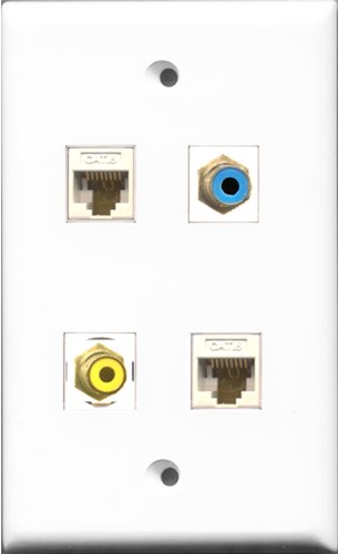 RiteAV 1 Port RCA Yellow and 1 Port RCA Blue 2 Port Cat6 Ethernet White Wall Plate