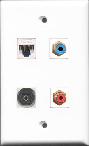 RiteAV 1 Port RCA Red and 1 Port RCA Blue and 1 Port Toslink and 1 Port Cat5e Ethernet White Wall Plate