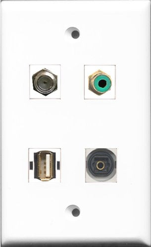 RiteAV 1 Port RCA Green and 1 Port Coax Cable TV- F-Type and 1 Port USB A-A and 1 Port Toslink Wall Plate