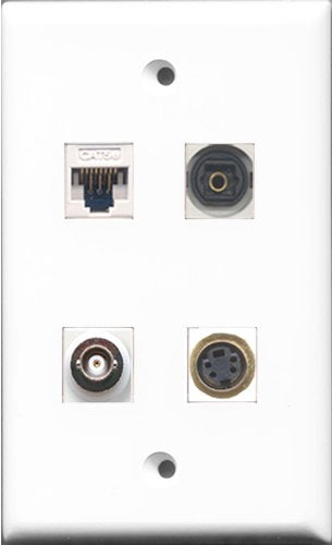 RiteAV 1 Port S-Video and 1 Port Toslink and 1 Port BNC and 1 Port Cat5e Ethernet White Wall Plate