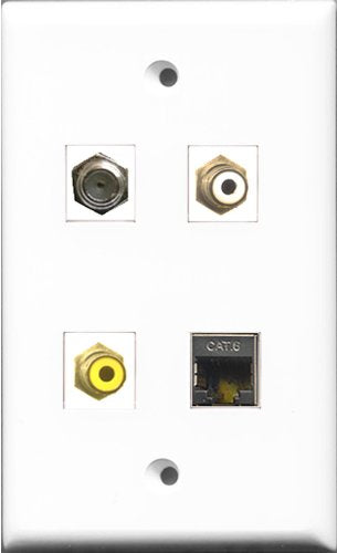 RiteAV 1 Port RCA White and 1 Port RCA Yellow and 1 Port Coax Cable TV- F-Type and 1 Port Shielded Cat6 Ethernet Wall Plate