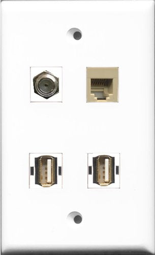 RiteAV 1 Port Coax Cable TV- F-Type 2 Port USB A-A and 1 Port Phone RJ11 RJ12 Beige Wall Plate