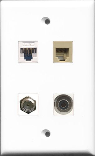 RiteAV 1 Port Coax Cable TV- F-Type and 1 Port Phone RJ11 RJ12 Beige and 1 Port 3.5mm and 1 Port Cat5e Ethernet White Wall Plate