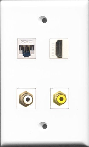 RiteAV - 1 Port HDMI and 1 Port RCA White and 1 Port RCA Yellow and 1 Port Cat5e Ethernet White Wall Plate