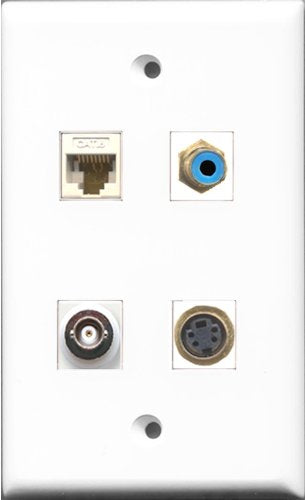 RiteAV 1 Port RCA Blue and 1 Port S-Video and 1 Port BNC and 1 Port Cat6 Ethernet White Wall Plate