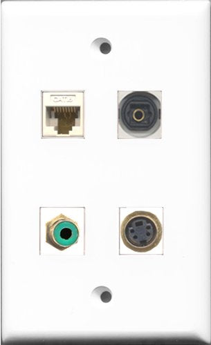 RiteAV 1 Port RCA Green and 1 Port S-Video and 1 Port Toslink and 1 Port Cat6 Ethernet White Wall Plate