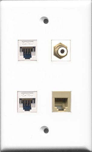 RiteAV 1 Port RCA White and 1 Port Phone RJ11 RJ12 Beige 2 Port Cat5e Ethernet White Wall Plate