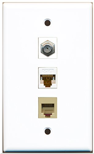 RiteAV - 1 Port Coax Cable TV- F-Type and 1 Port Phone RJ11 RJ12 Beige and 1 Port Cat6 Ethernet White Wall Plate