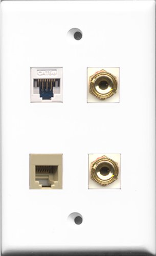 RiteAV - 1 Port Phone RJ11 RJ12 Beige and 1 Port Cat5e Ethernet White 2 Port Banana Speaker Wall Plate