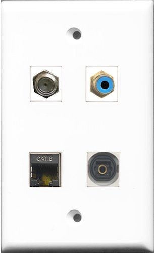 RiteAV 1 Port RCA Blue and 1 Port Coax Cable TV- F-Type and 1 Port Shielded Cat6 Ethernet and 1 Port Toslink Wall Plate