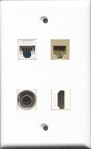 RiteAV 1 Port HDMI and 1 Port Phone RJ11 RJ12 Beige and 1 Port 3.5mm and 1 Port Cat5e Ethernet White Wall Plate