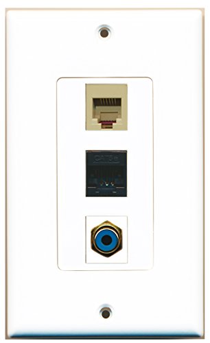 RiteAV - 1 Port RCA Blue and 1 Port Phone RJ11 RJ12 Beige and 1 Port Cat5e Ethernet Black Wall Plate Decorative