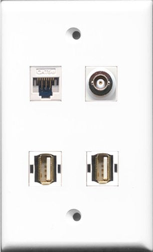 RiteAV - 2 Port USB A-A and 1 Port BNC and 1 Port Cat5e Ethernet White Wall Plate