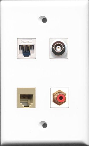 RiteAV - 1 Port RCA Red and 1 Port Phone RJ11 RJ12 Beige and 1 Port BNC and 1 Port Cat5e Ethernet White Wall Plate