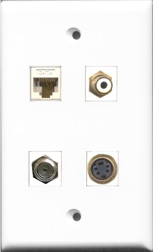 RiteAV 1 Port RCA White and 1 Port Coax Cable TV- F-Type and 1 Port S-Video and 1 Port Cat6 Ethernet White Wall Plate