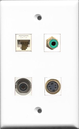 RiteAV 1 Port RCA Green and 1 Port S-Video and 1 Port 3.5mm and 1 Port Cat6 Ethernet White Wall Plate