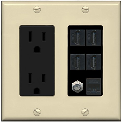 RiteAV 15A Power Outlet, 4 HDMI, 1 Cat5e Ethernet, 1 Coax Cable TV Wall Plate - Ivory/Black