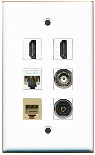 RiteAV - 2 HDMI 1 Port Phone RJ11 RJ12 Beige 1 Port Toslink 1 Port BNC 1 Port Cat5e Ethernet White Wall Plate