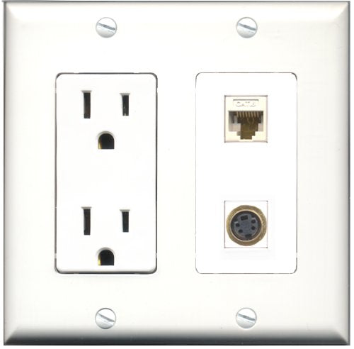 RiteAV - 15 Amp Power Outlet and 1 Port S-Video and 1 Port Cat6 Ethernet White Decorative Type Wall Plate White