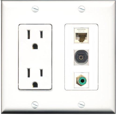 RiteAV - 15 Amp Power Outlet 1 Port RCA Green 1 Port Toslink 1 Port Cat6 Ethernet Ethernet White Decorative Wall Plate