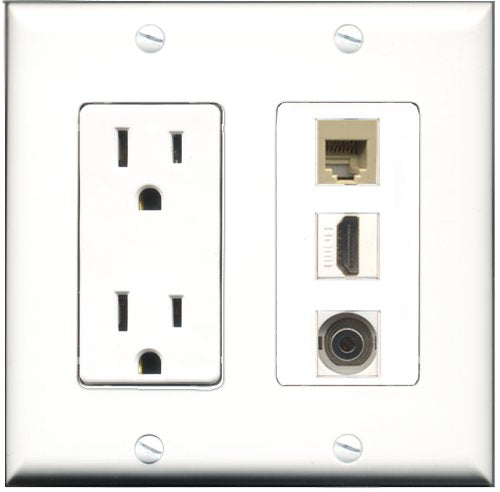 RiteAV - 15 Amp Power Outlet 1 Port HDMI 1 Port Phone Beige 1 Port 3.5mm Decorative Wall Plate