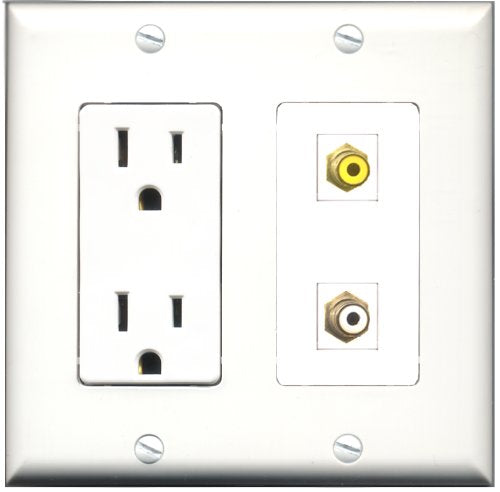 RiteAV - 15 Amp Power Outlet and 1 Port RCA White and 1 Port RCA Yellow Decorative Type Wall Plate White