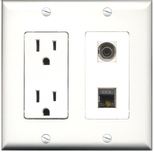 RiteAV - 15 Amp Power Outlet and 1 Port Shielded Cat6 Ethernet and 1 Port 3.5mm Decorative Type Wall Plate White