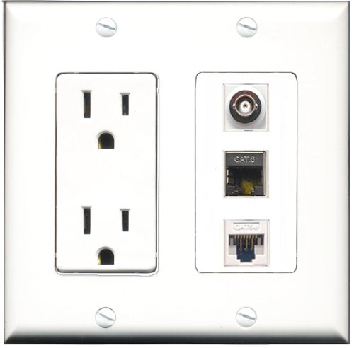 RiteAV - 15 Amp Power Outlet 1 Port Shielded Cat6 Ethernet Ethernet 1 Port BNC 1 Port Cat5e Ethernet White Decorative Wall Plate