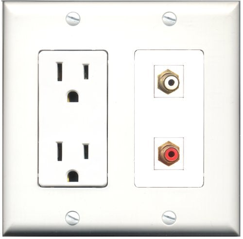 RiteAV - 15 Amp Power Outlet and 1 Port RCA Red and 1 Port RCA White Decorative Type Wall Plate White