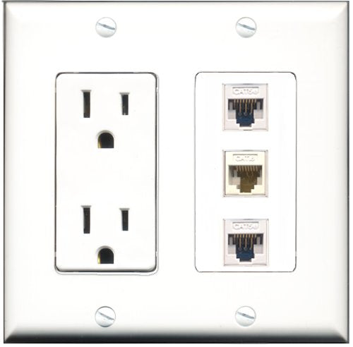 RiteAV - 15 Amp Power Outlet 2 Port Cat5e Ethernet White 1 Port Cat6 Ethernet Ethernet White Decorative Wall Plate