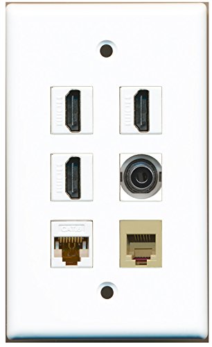 RiteAV - 3 HDMI 1 Port Phone RJ11 RJ12 Beige 1 Port 3.5mm 1 Port Cat6 Ethernet White Wall Plate