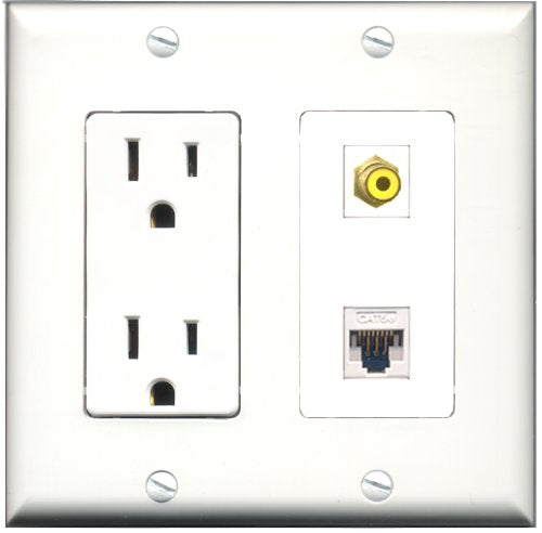 RiteAV - 15 Amp Power Outlet and 1 Port RCA Yellow and 1 Port Cat5e Ethernet White Decorative Type Wall Plate White