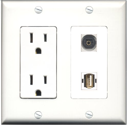 RiteAV - 15 Amp Power Outlet and 1 Port USB A-A and 1 Port Toslink Decorative Type Wall Plate White