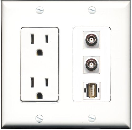 RiteAV - 15 Amp Power Outlet 1 Port USB A-A 2 Port BNC Decorative Wall Plate